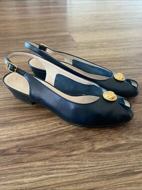 Salvatore Ferragamo navy Leather Peep-Toe Slingback Heels with Gold Emblem 6.5